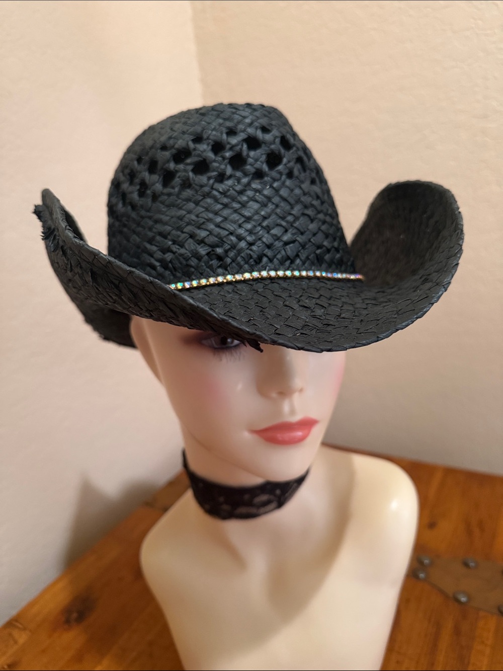 HALLOWEEN Cosplay Black Straw Cowboy Hat with Rhinestone Band